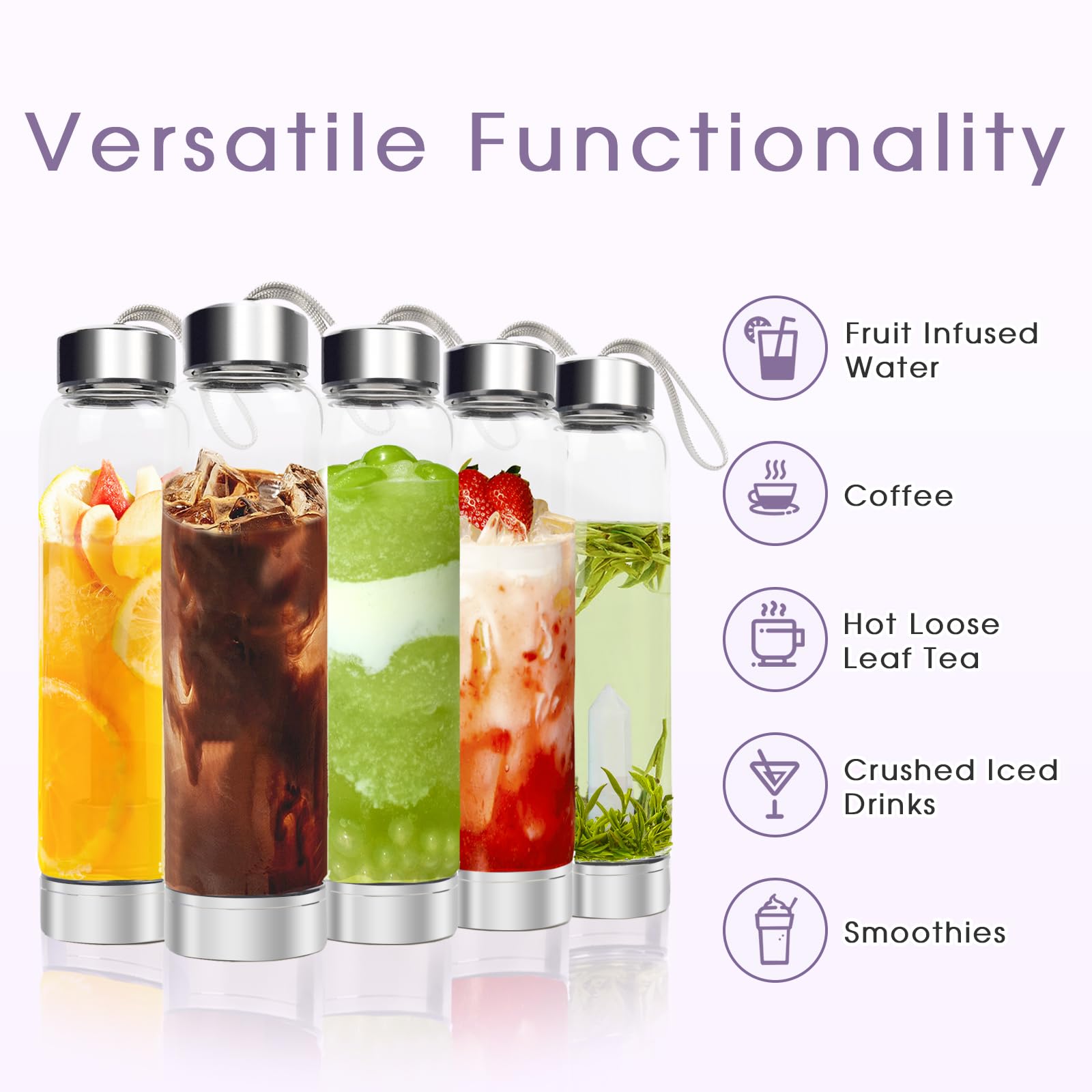 Chezmax Crystal Glass Water Bottle, Glass Water Bottle With Changeable Natural Crystal Center, Quartz Gemstone Water Bottle For